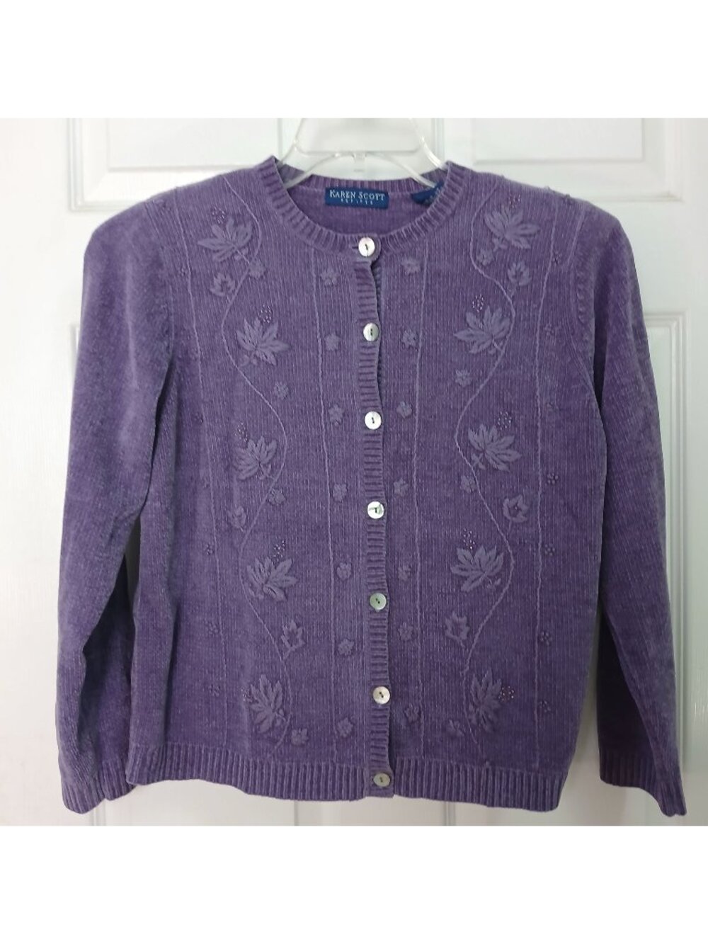 VTG Karen Scott Petites PM Cardigan Purple Chenille Button Beads Embroidery #D46